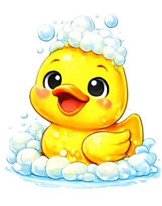 Sunny Duck, TubTime’s cheerful yellow duck, covered in bubbles.